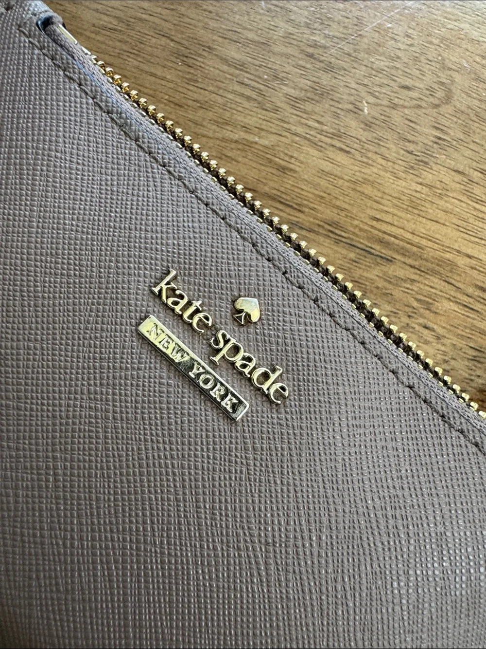 kate spade taupe brown zip card holder with gold hardware